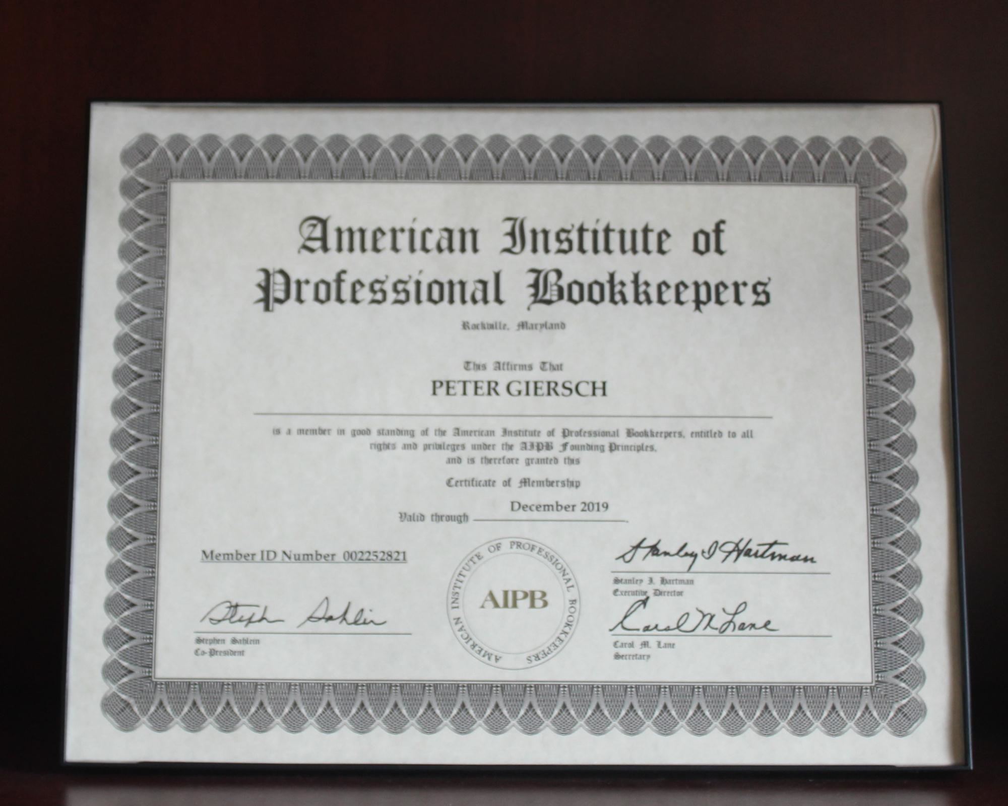 American Institute of Professional Bookkeepers Membership Document
