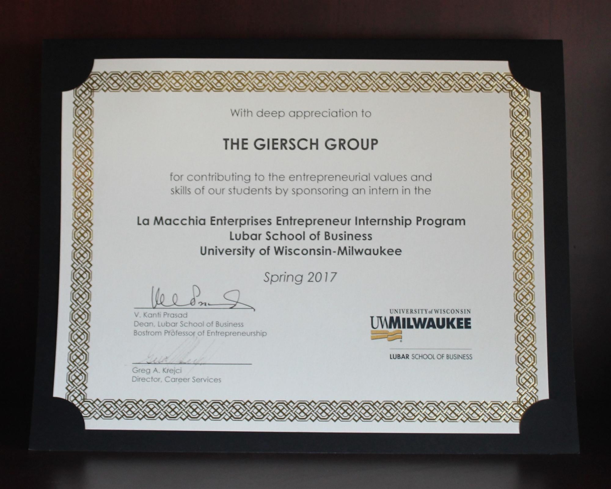 Giersch Group Certificate - La Macchia Entrepreneur Internship Program