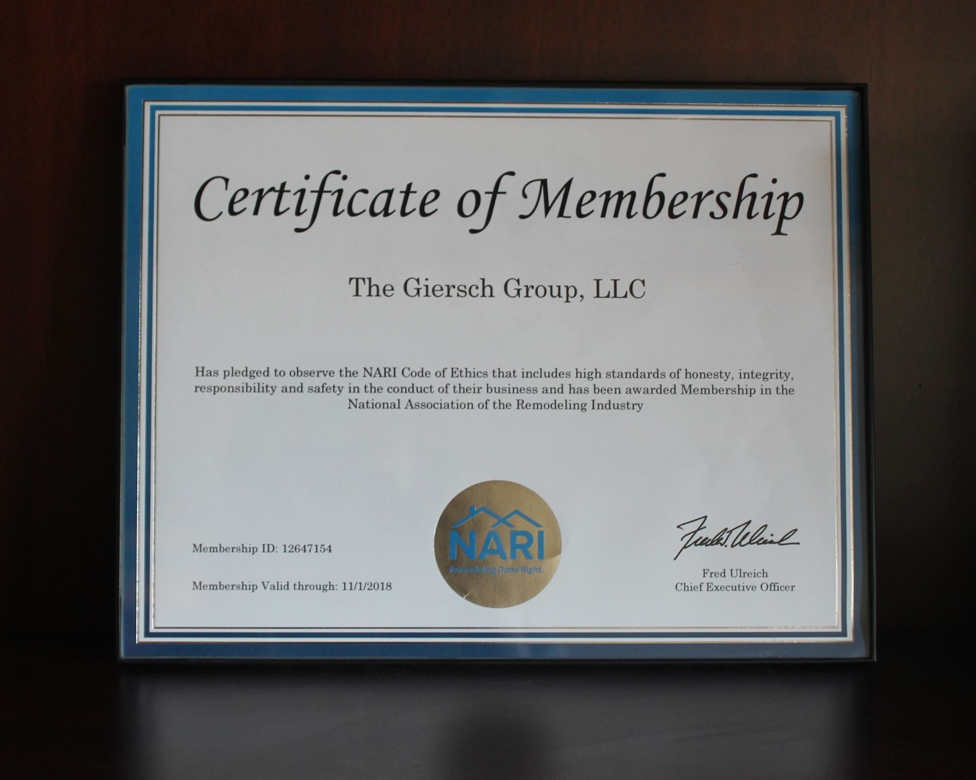 National Association of Remodeling Industry Certificate of Membership