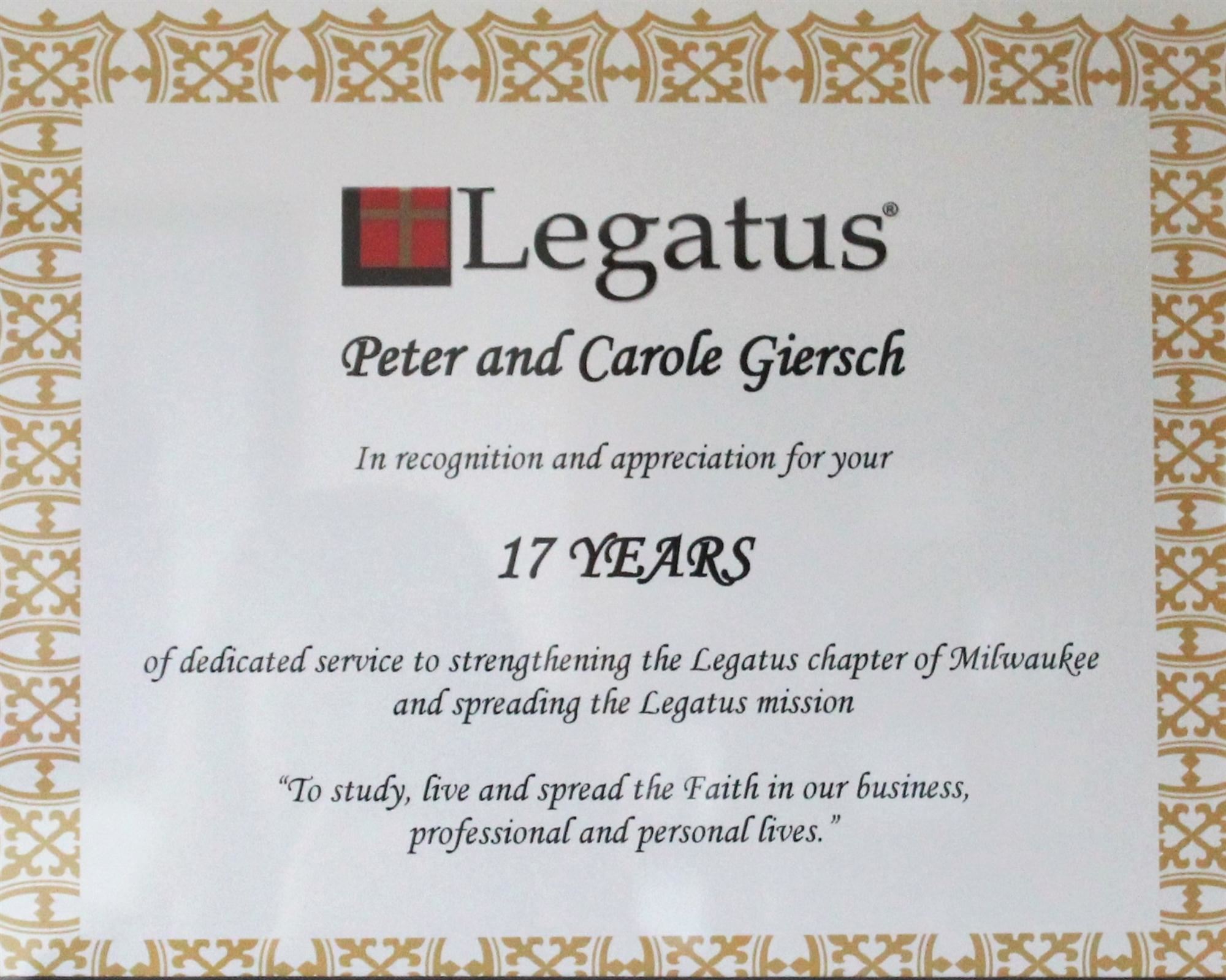 Legatus of Milwaukee Recognition: 17 Years of Service