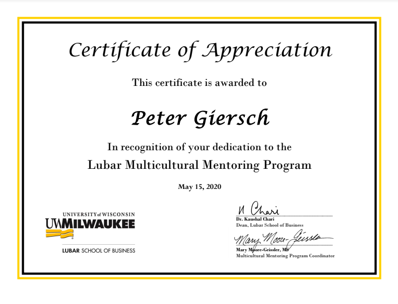 Lubar Multicultural Mentoring Program - Certificate of Appreciation for Peter Giersch